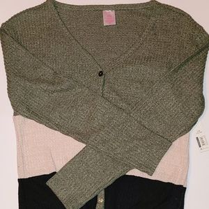 Olive Green, Tan and Black, Fleece Top. Button up and Tie at the bottom.